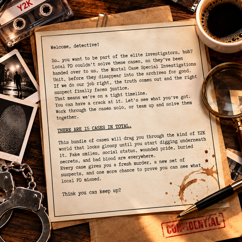 Y2K Scandals – 15 Printable Crime Puzzles & Murder Mystery Case Files