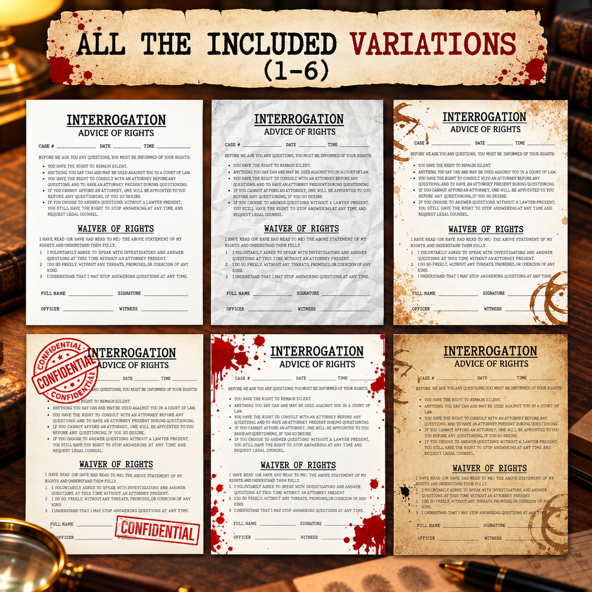 Printable Interrogation Rights Template – Murder Mystery Game PDF (12 Variations)