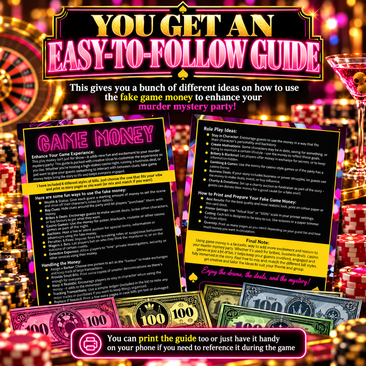 Game Over Party Game Money – Printable Retro Arcade Murder Mystery Props