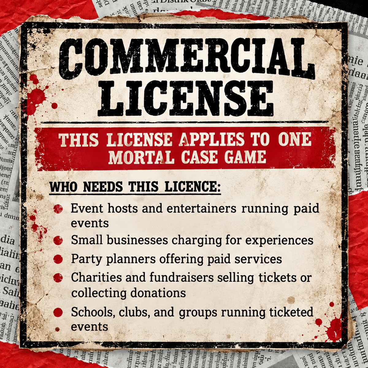 Murder Mystery Game Commercial License – Host Paid Events