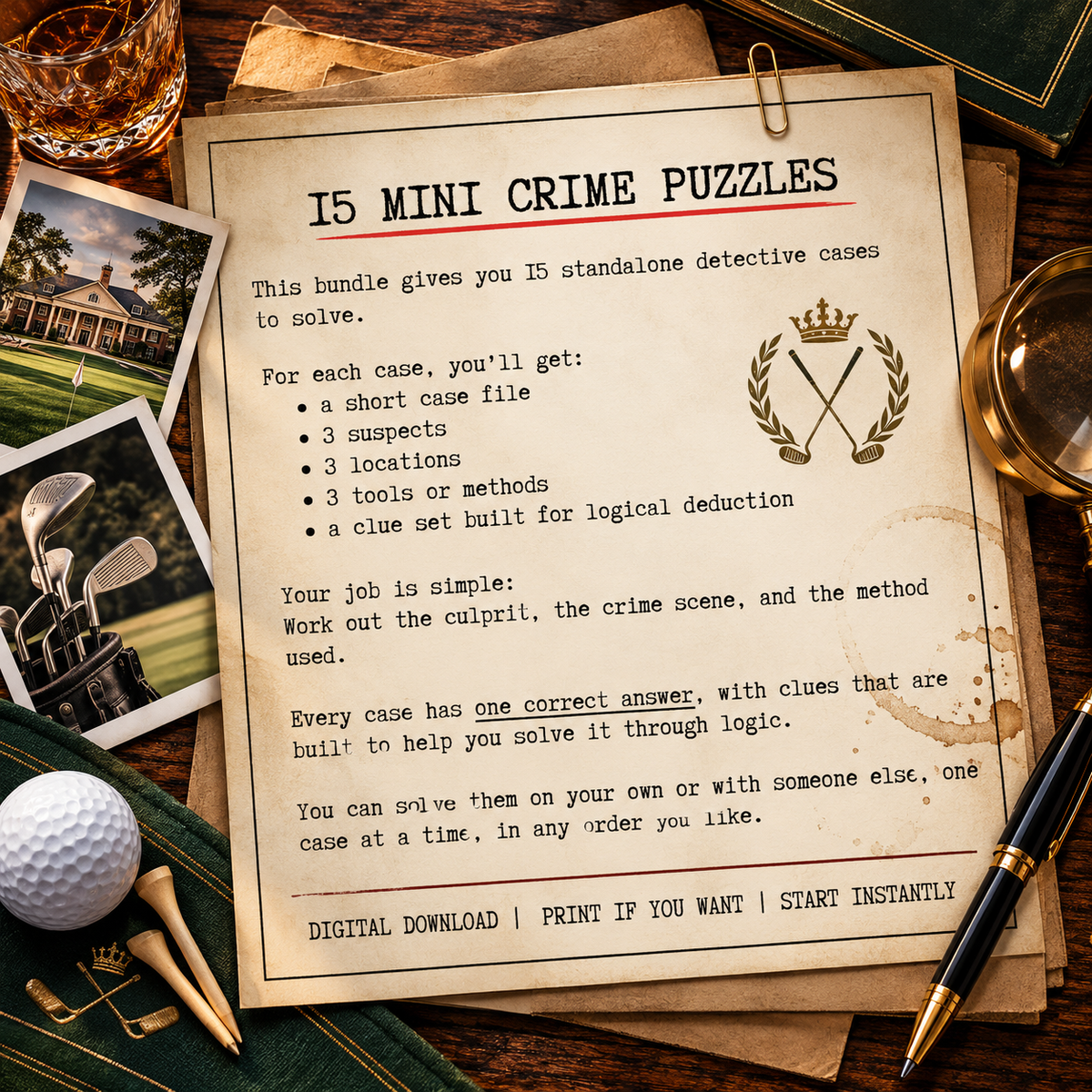 Country Club Cover-Ups – 15 Printable Crime Puzzles & Murder Mystery Case Files