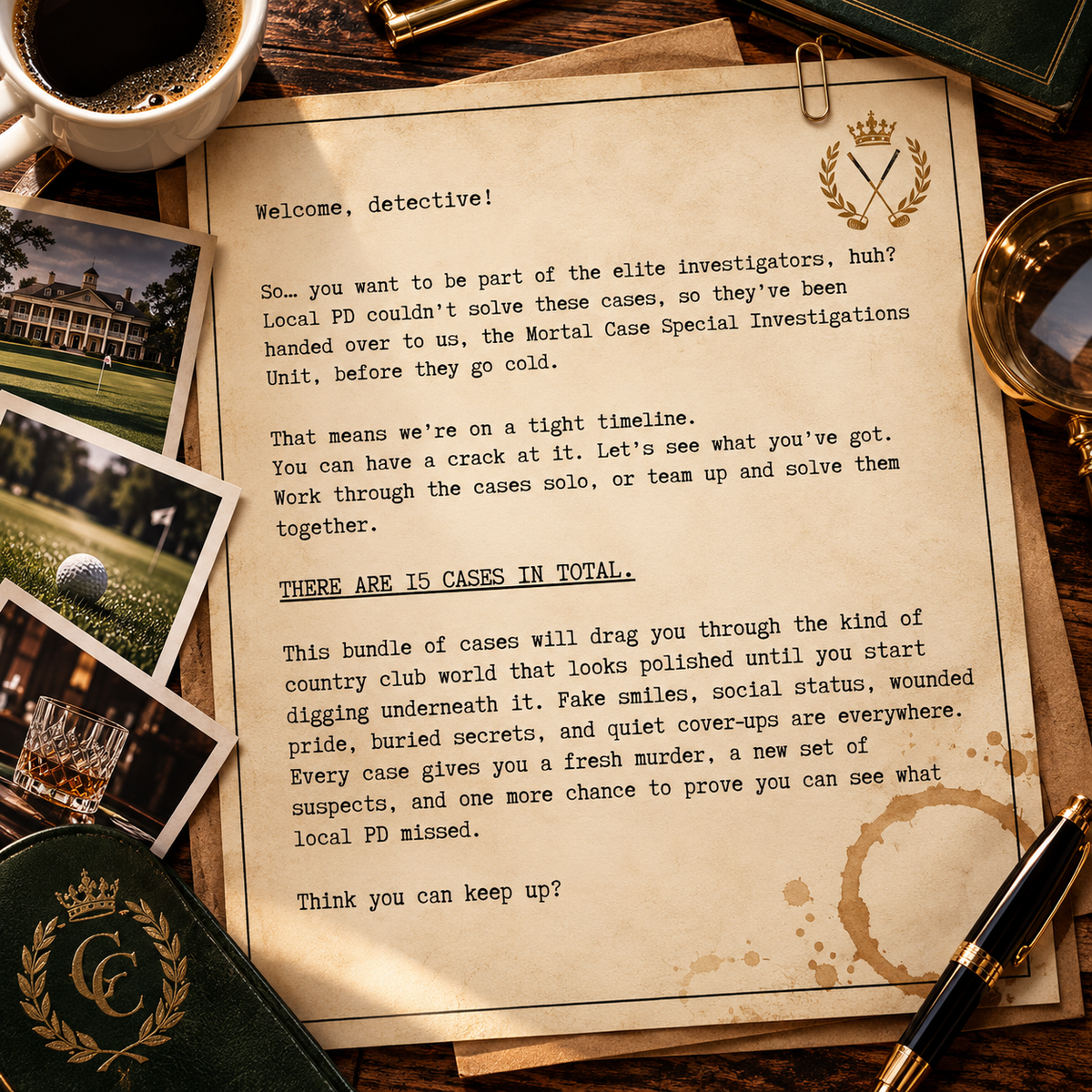 Country Club Cover-Ups – 15 Printable Crime Puzzles & Murder Mystery Case Files