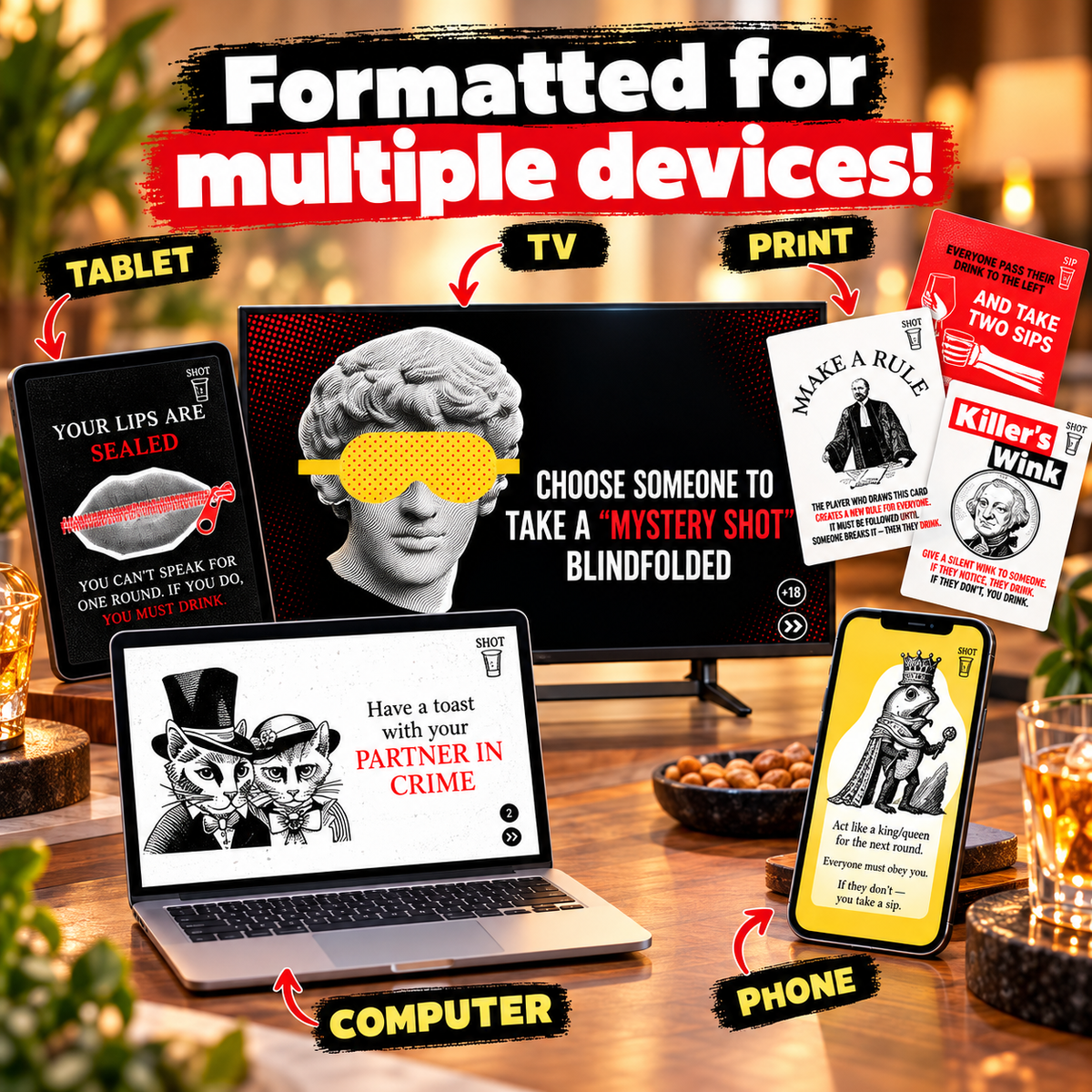 105 Printable Drink Cards – Murder Mystery Adult Party Game