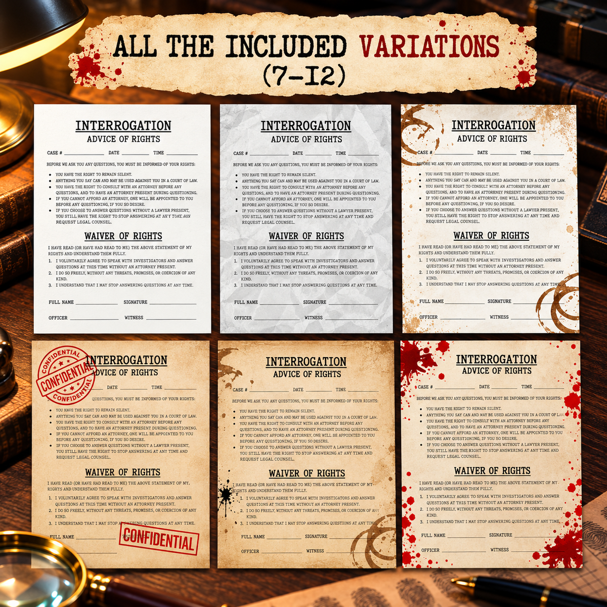 Printable Interrogation Rights Template – Murder Mystery Game PDF (12 Variations)
