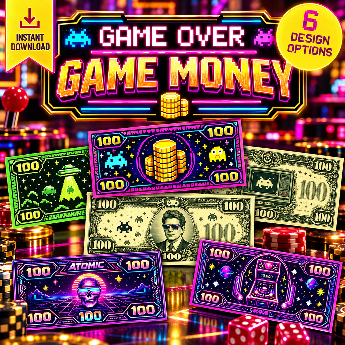 Game Over Party Game Money – Printable Retro Arcade Murder Mystery Props