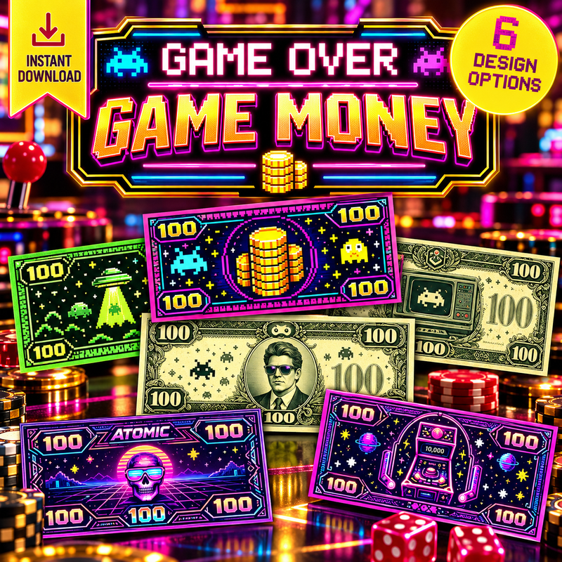 Game Over Party Game Money – Printable Retro Arcade Murder Mystery Props