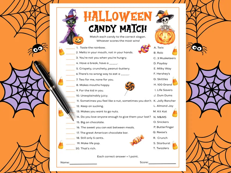 Halloween Candy Match Game Printable โ Fun Halloween Party Trivia Activity & Digital Download