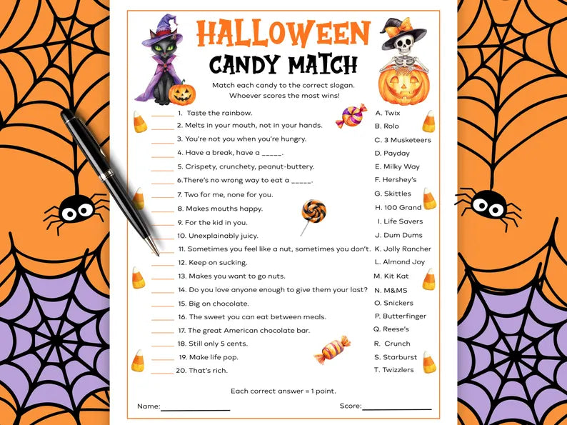 Halloween Candy Match Game Printable โ Fun Halloween Party Trivia Activity & Digital Download