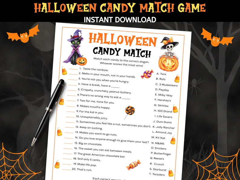 Halloween Candy Match Game Printable โ Fun Halloween Party Trivia Activity & Digital Download