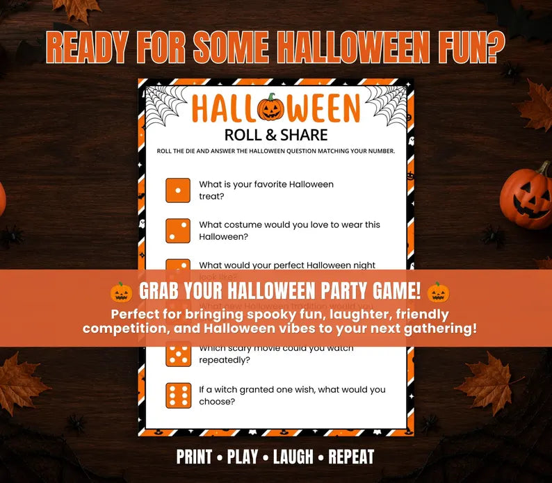 Halloween Roll & Share Printable Game β Fun Dice Questions, Party Icebreaker Activity & Instant Download