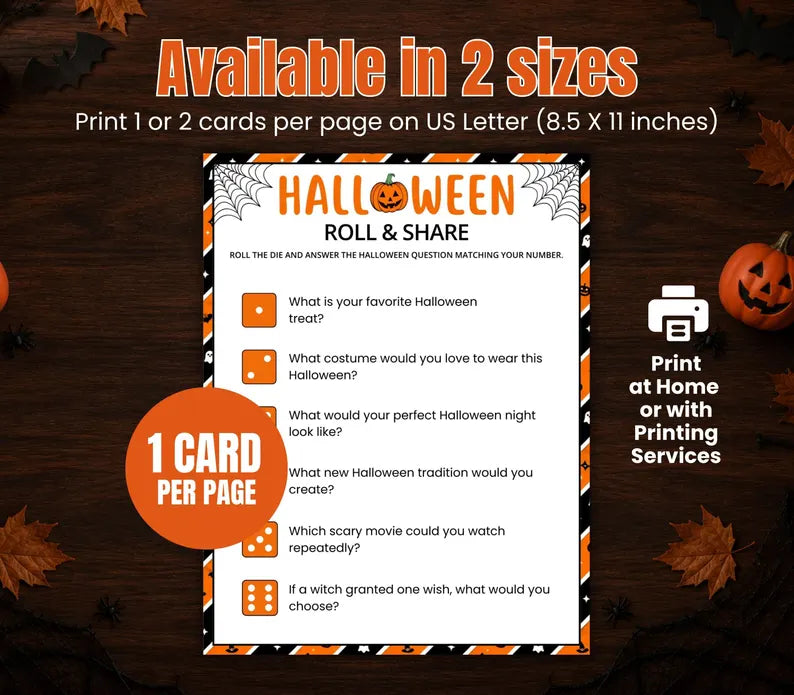Halloween Roll & Share Printable Game β Fun Dice Questions, Party Icebreaker Activity & Instant Download