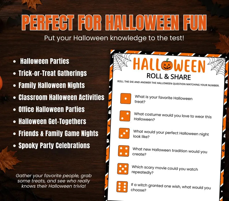Halloween Roll & Share Printable Game β Fun Dice Questions, Party Icebreaker Activity & Instant Download
