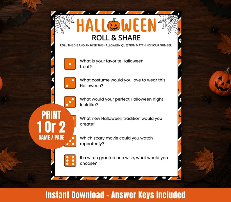 Halloween Roll & Share Printable Game β Fun Dice Questions, Party Icebreaker Activity & Instant Download