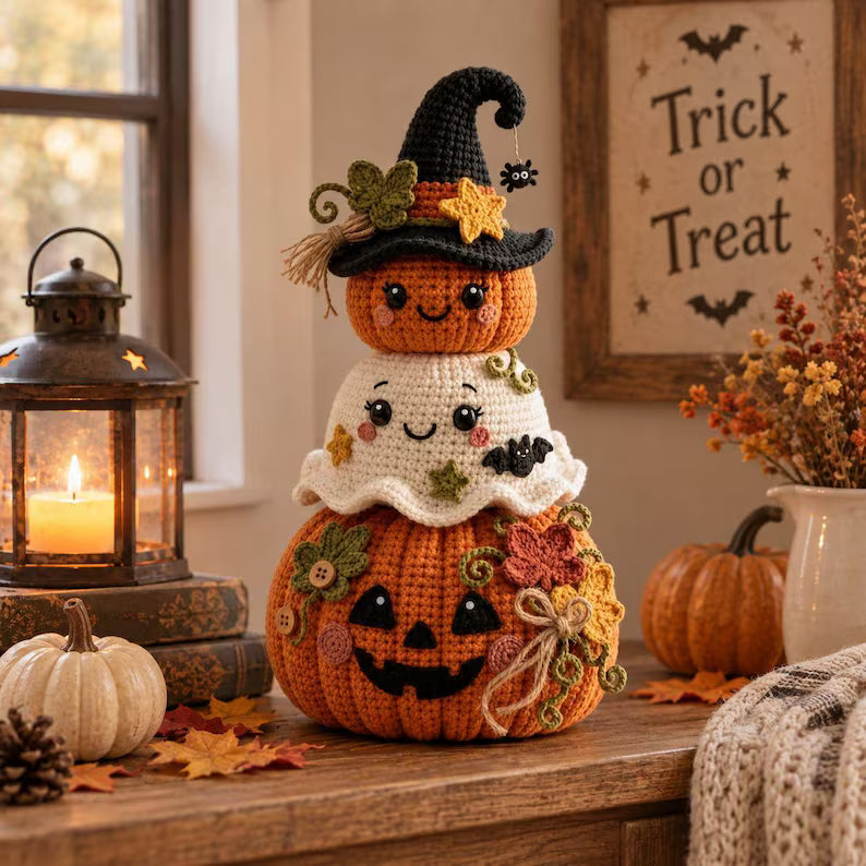 Cute Halloween Crochet Pumpkin & Ghost Stack โ Witch Hat Amigurumi Fall Decor Pattern