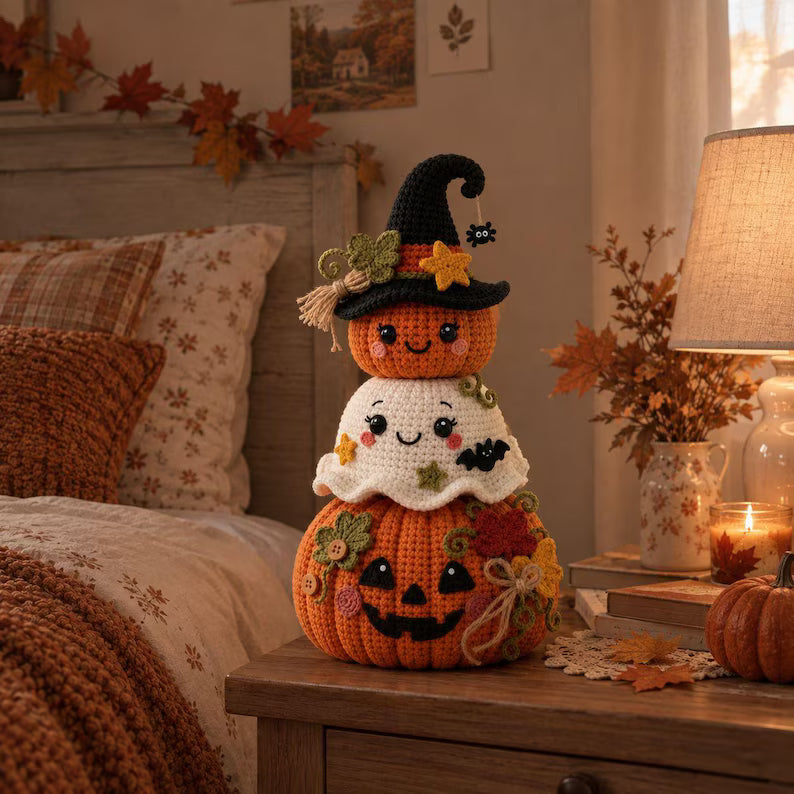Cute Halloween Crochet Pumpkin & Ghost Stack โ Witch Hat Amigurumi Fall Decor Pattern