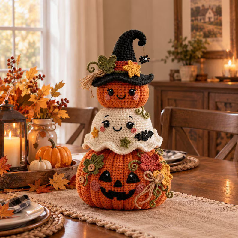 Cute Halloween Crochet Pumpkin & Ghost Stack โ Witch Hat Amigurumi Fall Decor Pattern