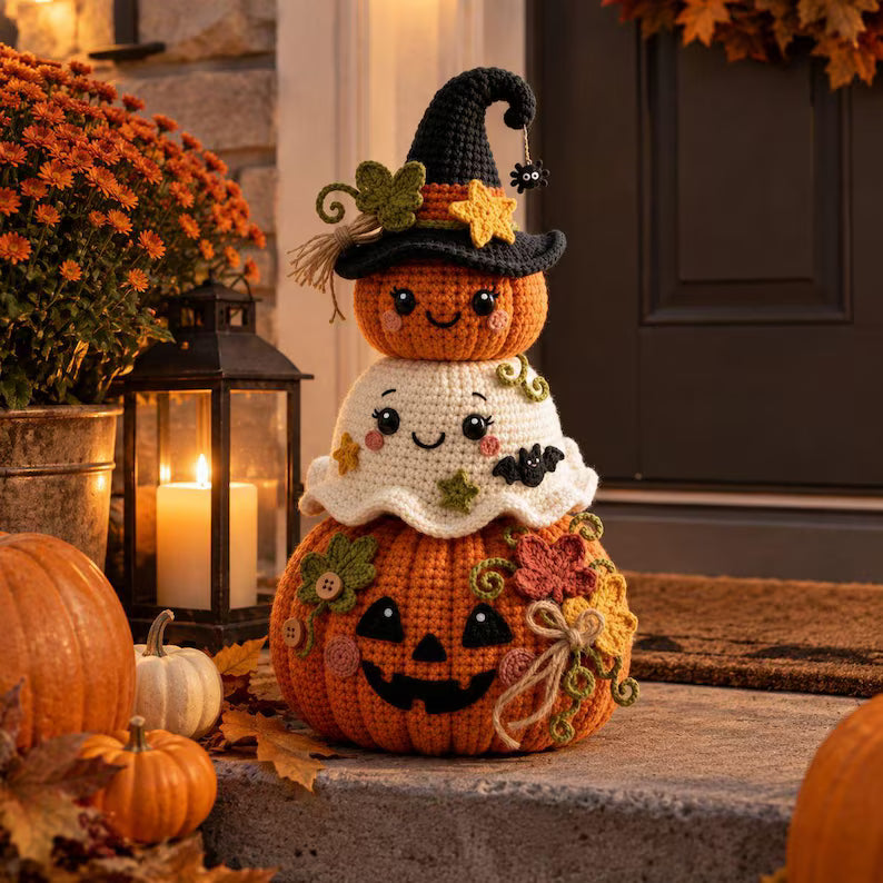 Cute Halloween Crochet Pumpkin & Ghost Stack โ Witch Hat Amigurumi Fall Decor Pattern