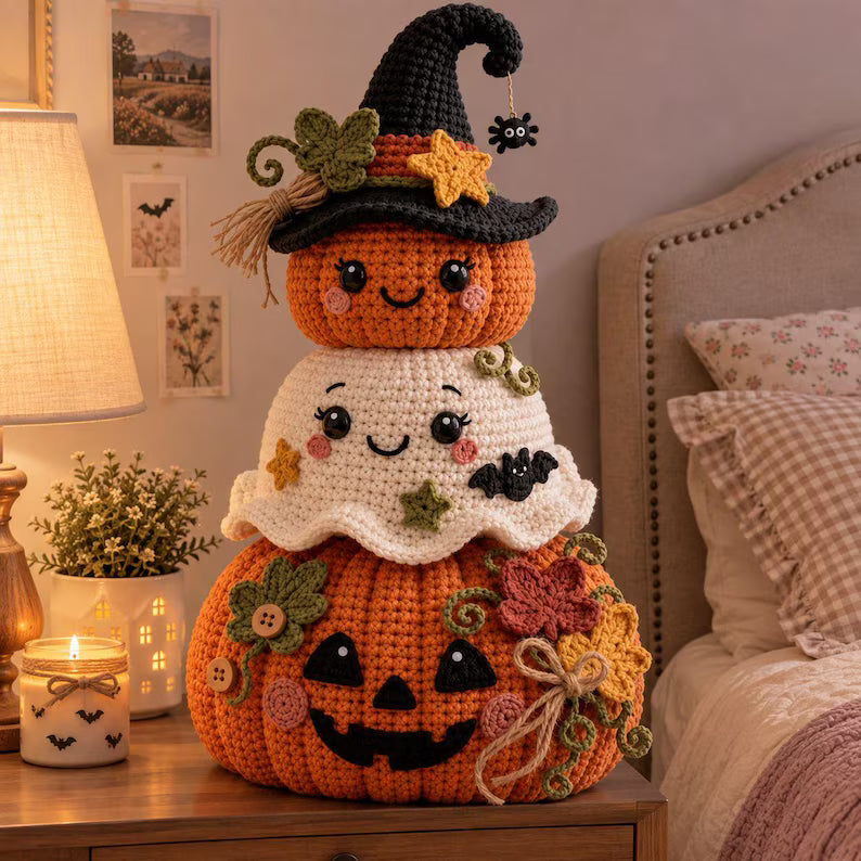 Cute Halloween Crochet Pumpkin & Ghost Stack โ Witch Hat Amigurumi Fall Decor Pattern