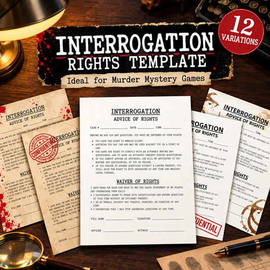 Printable Interrogation Rights Template – Murder Mystery Game PDF (12 Variations)