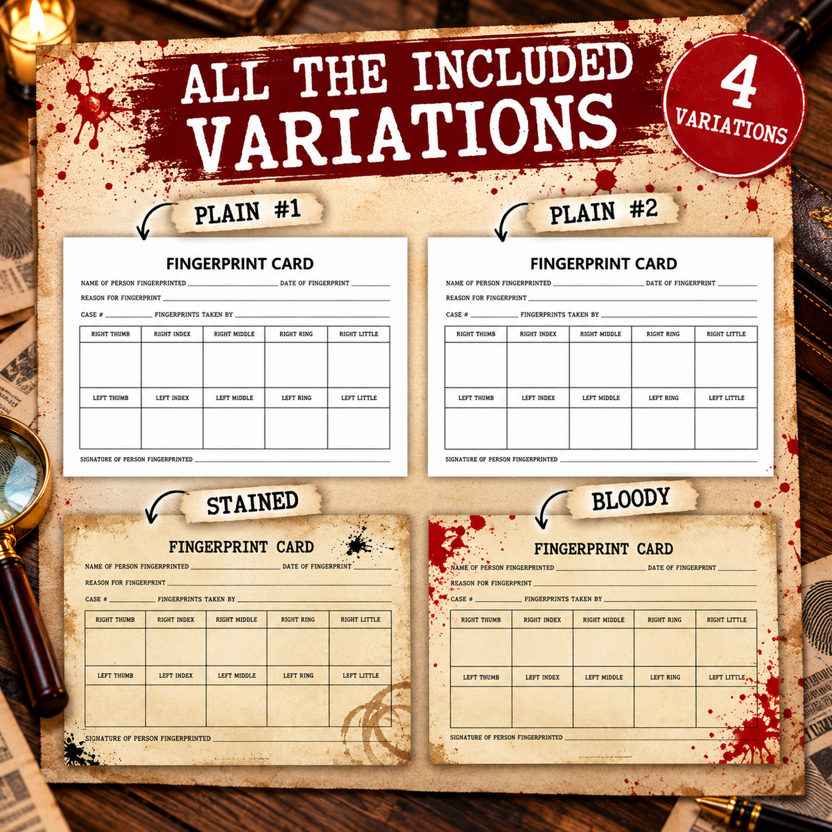 Printable Fingerprint Card Template – Murder Mystery Game (4 Variations)