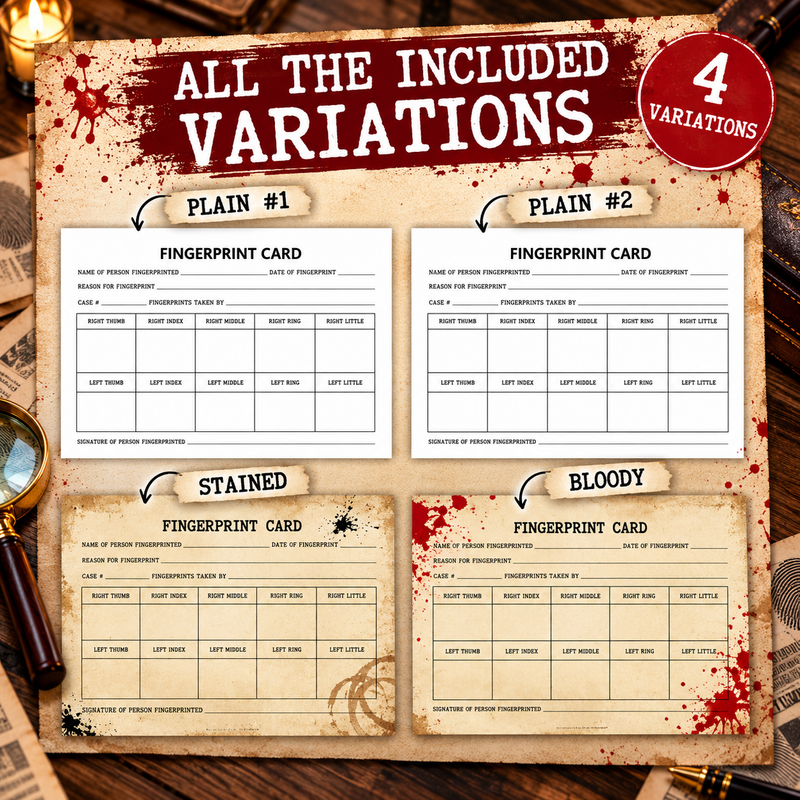 Printable Fingerprint Card Template – Murder Mystery Game (4 Variations)