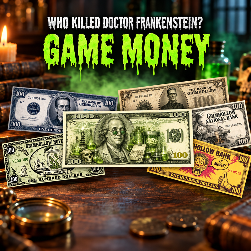 Who Killed Doctor Frankenstein? Game Money – Printable Murder Mystery Party Props