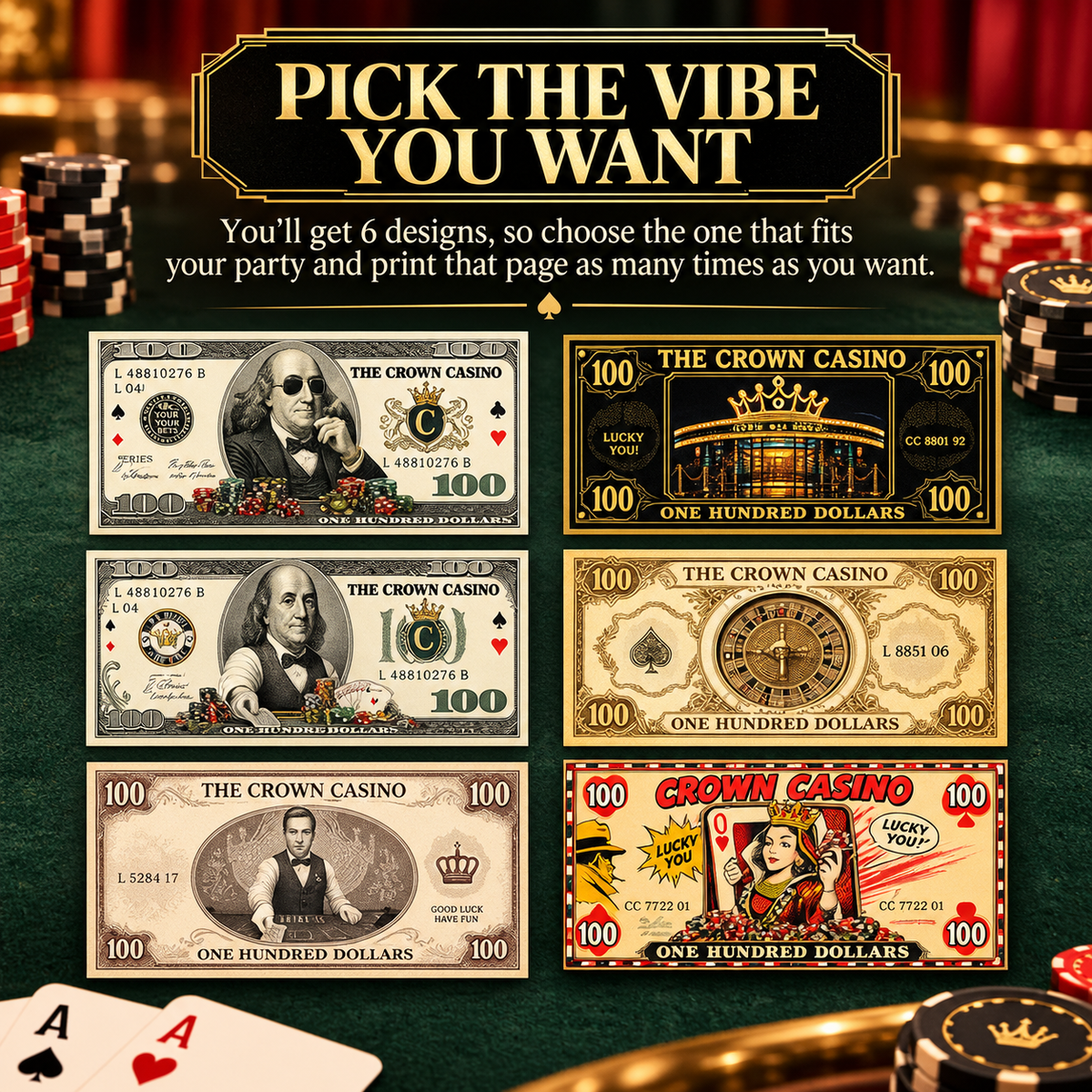 Casino Killer: High-Stakes Murder Game Money – Printable Casino Party Props