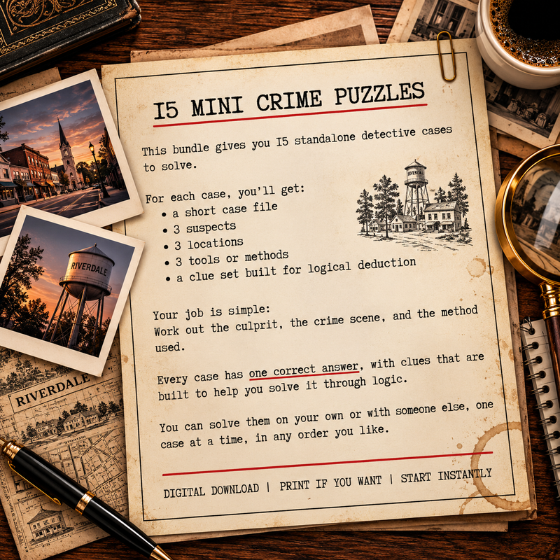 Small Town Drama – 15 Printable Crime Puzzles & Murder Mystery Case Files