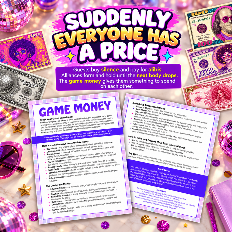 A Killer Disco Party Game Money – Printable Murder Mystery Party Props
