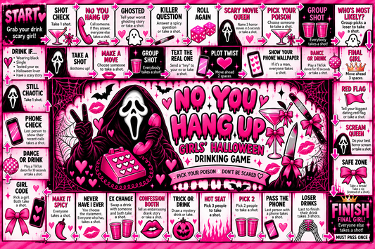 No You Hang Up – Girls' Halloween Drinking Board Game, Printable Pink Horror Party Game