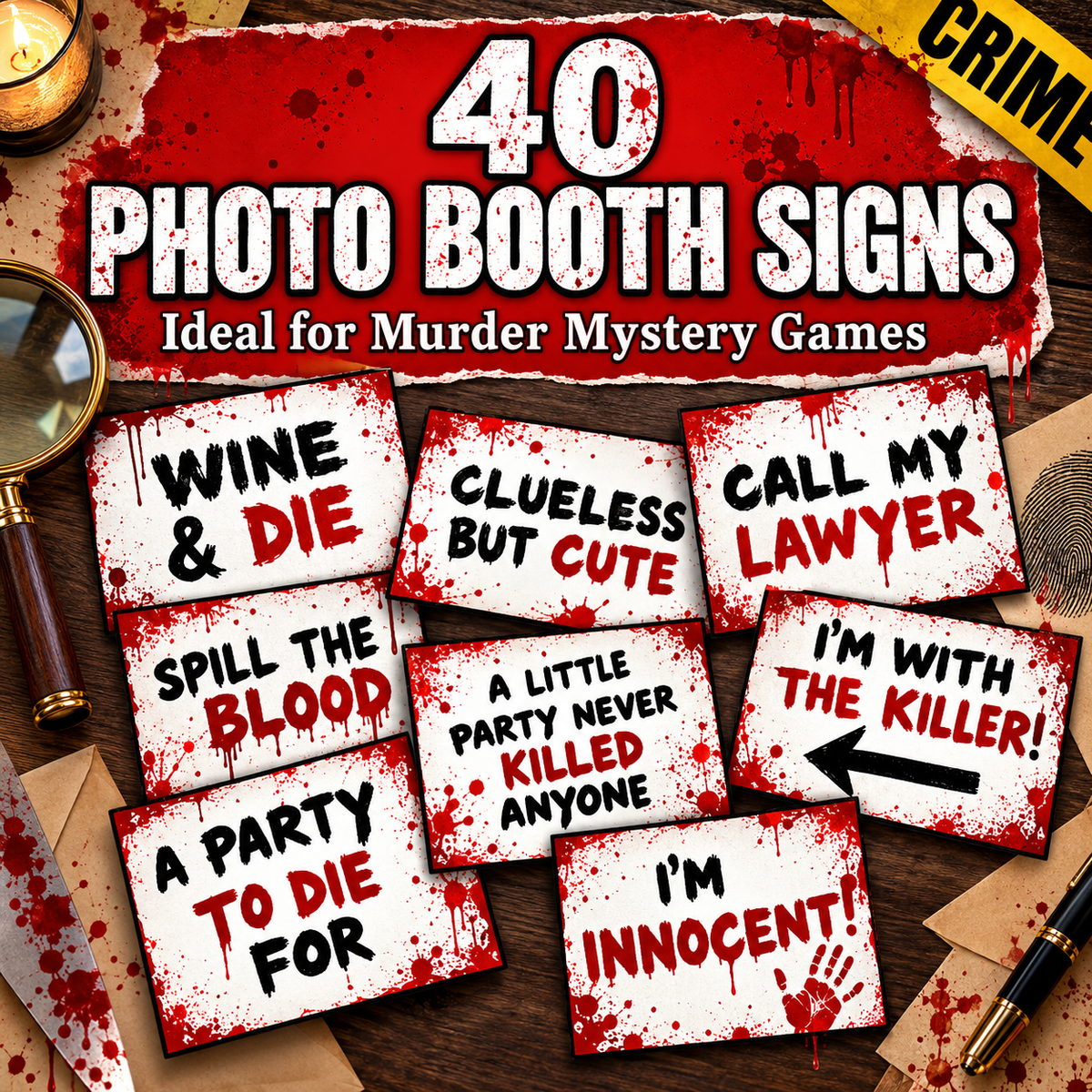 40 Murder Mystery Photo Booth Signs – Printable Party Props PDF