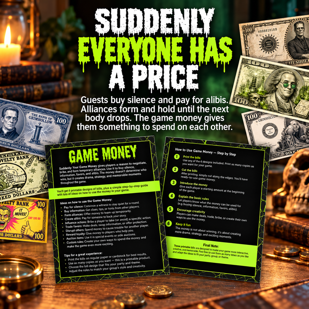 Who Killed Doctor Frankenstein? Game Money – Printable Murder Mystery Party Props