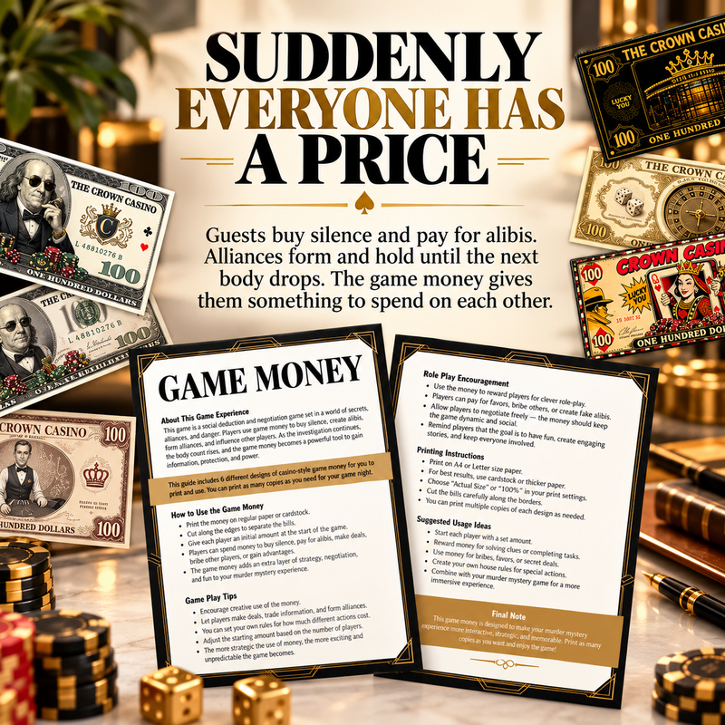 Casino Killer: High-Stakes Murder Game Money – Printable Casino Party Props