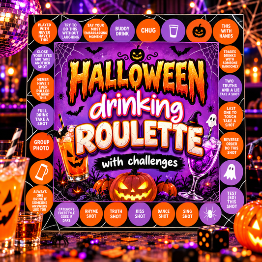 Halloween Drinking Roulette with Challenges Printable Adult Halloween Party Drinking Game