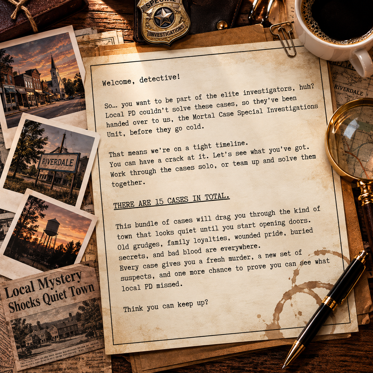 Small Town Drama – 15 Printable Crime Puzzles & Murder Mystery Case Files