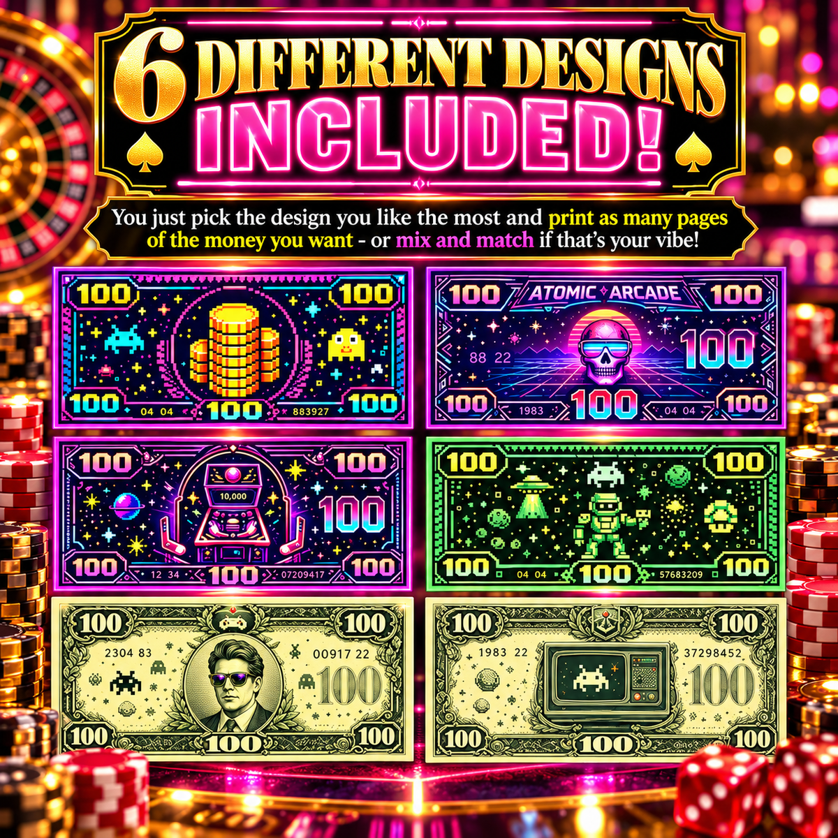 Game Over Party Game Money – Printable Retro Arcade Murder Mystery Props