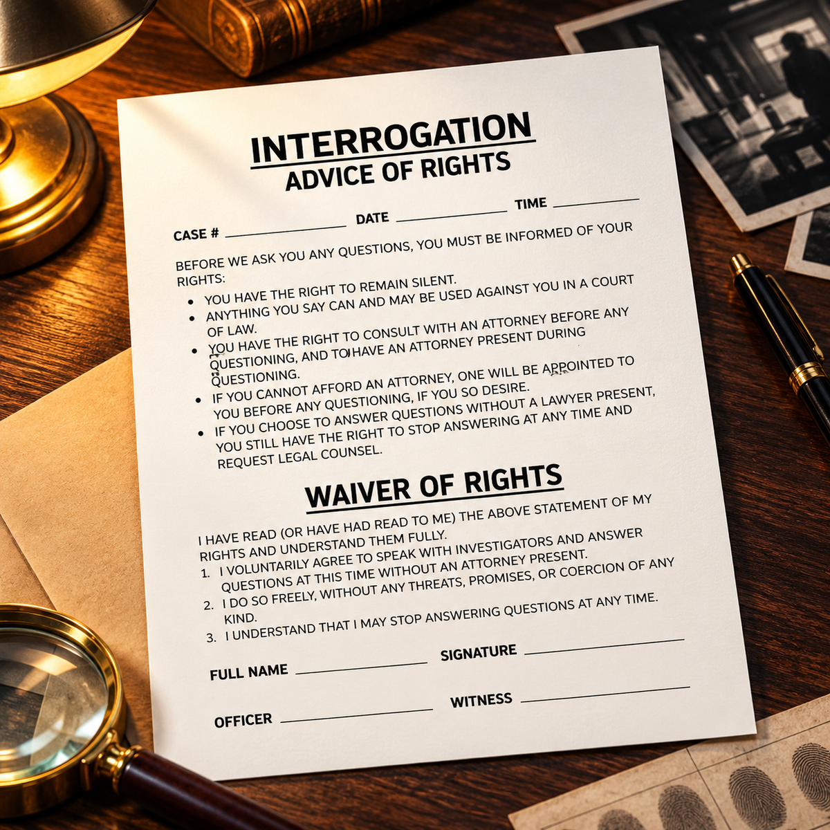 Printable Interrogation Rights Template – Murder Mystery Game PDF (12 Variations)