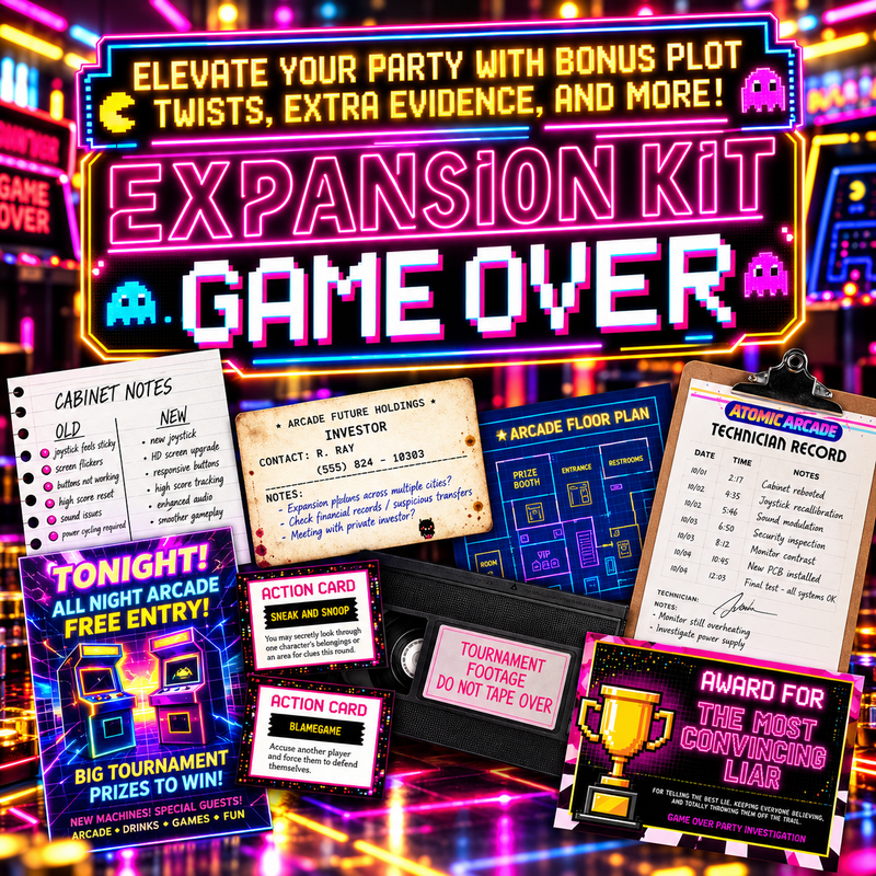 Game Over Expansion Kit – Retro Arcade Murder Mystery Party Game Add-On
