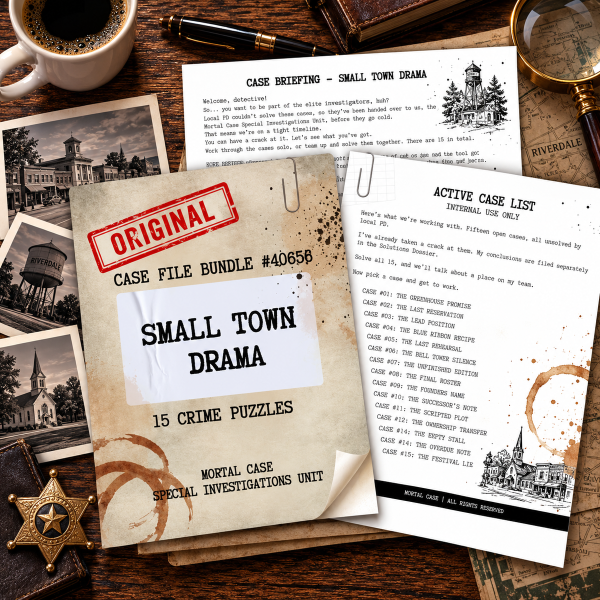 Small Town Drama – 15 Printable Crime Puzzles & Murder Mystery Case Files