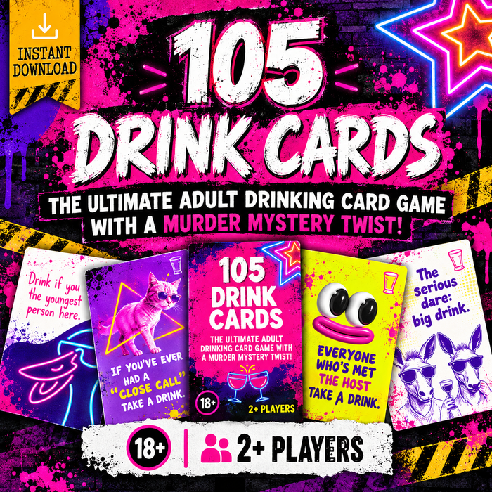 105 Printable Drink Cards – Adult Murder Mystery Party Game