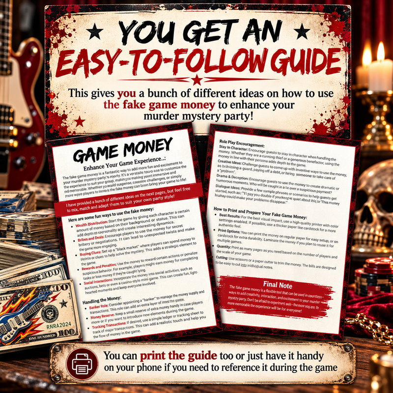 Rock 'n' Roll Game Money – Printable Murder Mystery Party Props