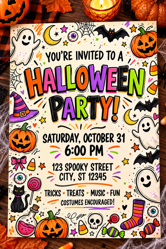 Colorful Halloween Party Invitation Cute Spooky Printable Invite with Ghosts & Pumpkins