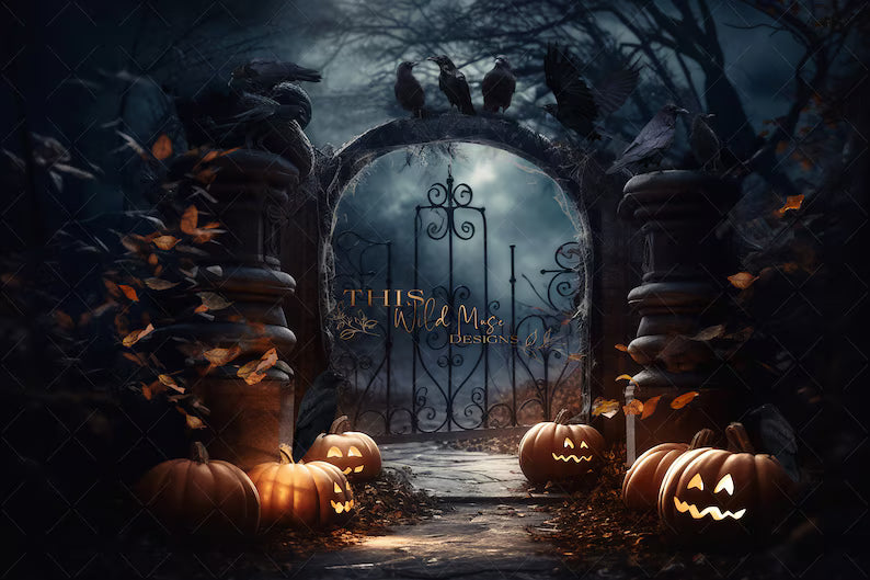 Spooky Halloween Haunted Graveyard Background – Dark Gothic Pumpkin Gate Digital Design
