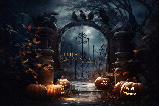 Spooky Halloween Haunted Graveyard Background – Dark Gothic Pumpkin Gate Digital Design