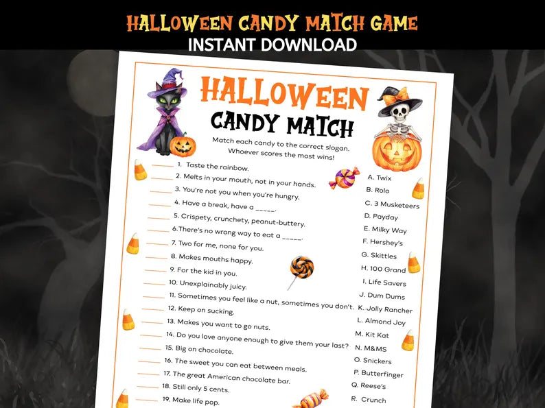 Halloween Candy Match Game Printable – Fun Halloween Party Trivia Activity & Digital Download