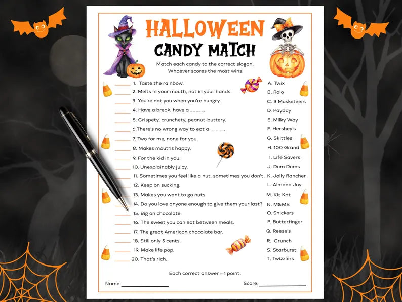 Halloween Candy Match Game Printable – Fun Halloween Party Trivia Activity & Digital Download
