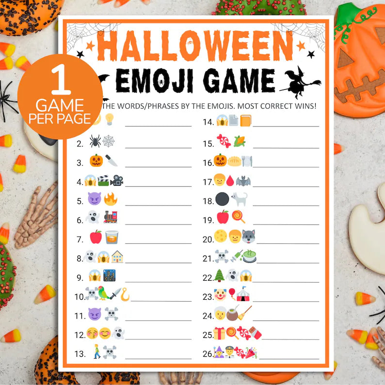 Halloween Emoji Game Printable – 26 Questions, Fun Party Activity & Digital Download PDF