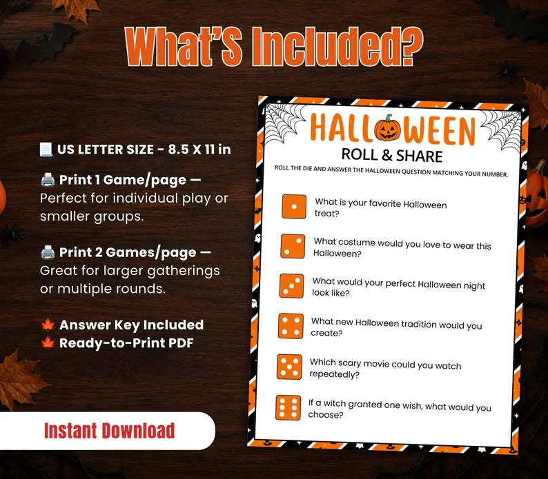 Halloween Roll & Share Printable Game – Fun Dice Questions, Party Icebreaker Activity & Instant Download