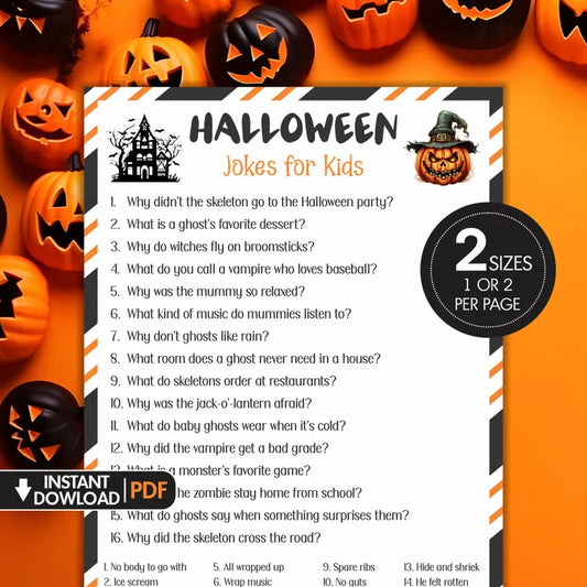 Halloween Jokes for Kids Printable – Funny Halloween Party Activity, 2 Sizes & Instant PDF Download
