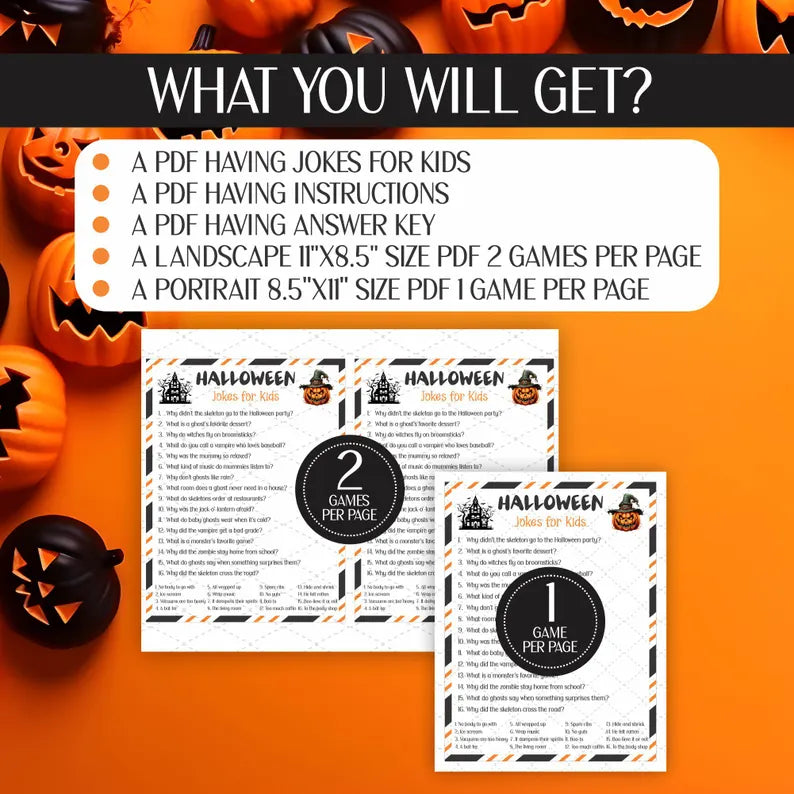 Halloween Jokes for Kids Printable – Funny Halloween Party Activity, 2 Sizes & Instant PDF Download